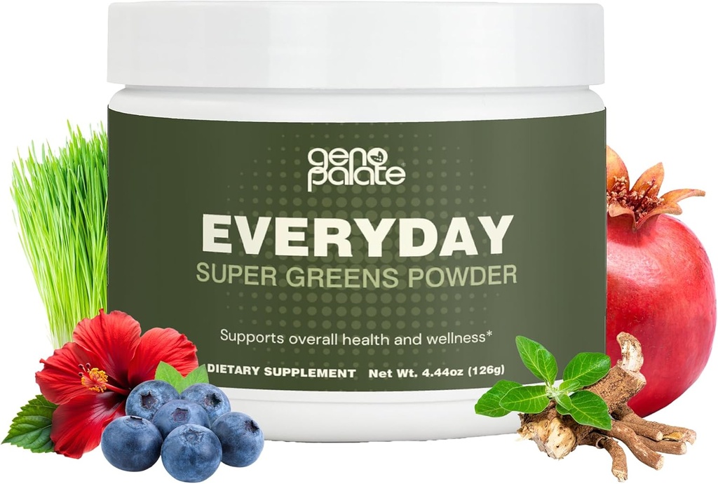 GenoPalate Hver dag Super Greens, plantebaserte næringsstoffer med Barley Grass, Spirulina, Turmeric & Probiotika, støtter energi, dialyse, antioksidanter og stress, vegansk, glutenfri, ikke-GMO, 30 serveringer