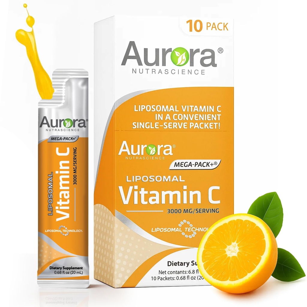 Aurora Nutrascience Mega-Pack Liposomal Vitamin C, Immunstøtte, 3000 mg Per Serving, Vegan, Glutenfri, Ikke-GMO, 10 Single Servere Packets, Orange