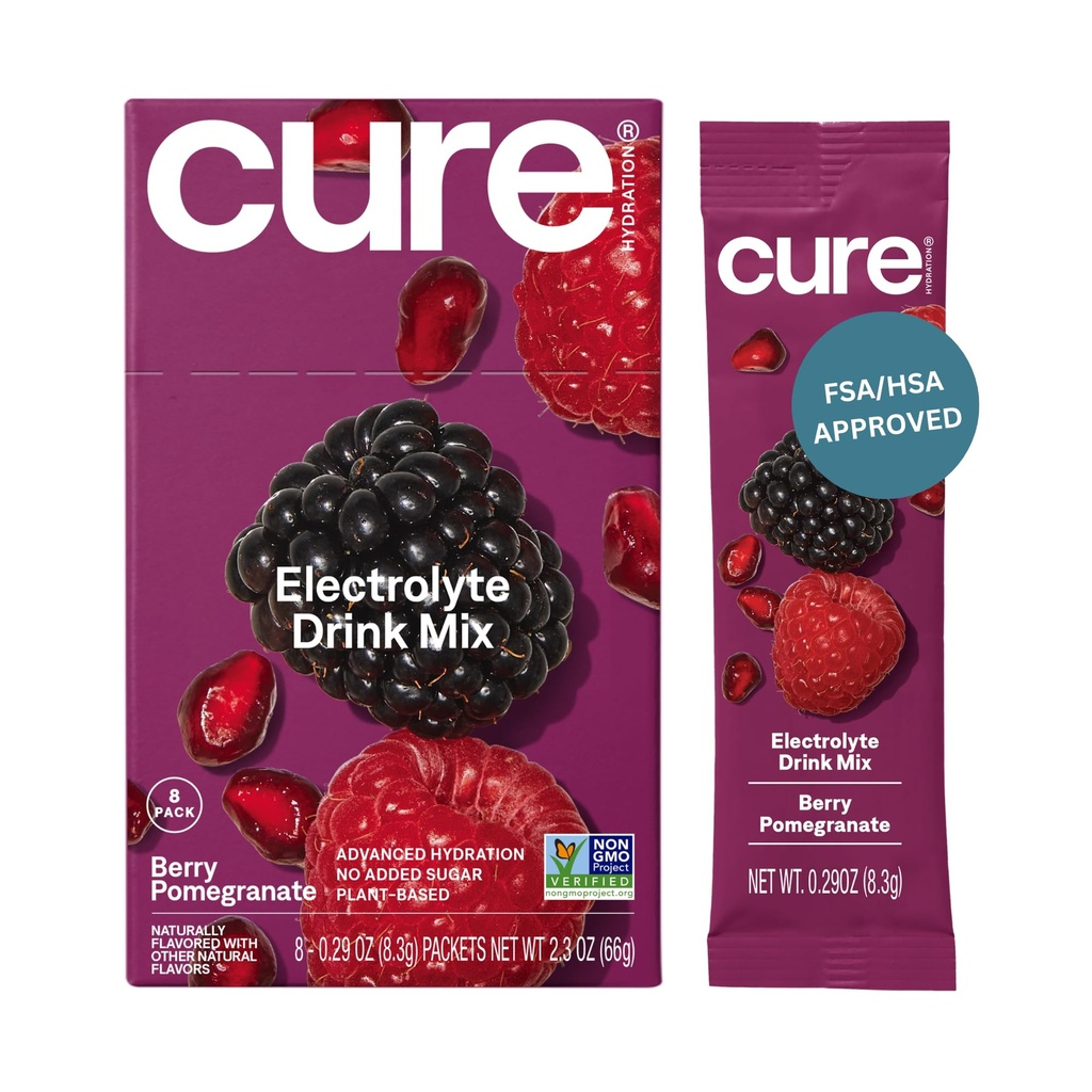 Cure Hydration | Plantebasert Elektrolyt drikk blanding | Ingen tilsatt sukker | Dehydrering relief pulver laget med kokosvann | Ikke-GMO | Vegan | Box av 8 pakker - Berry Pomegranat