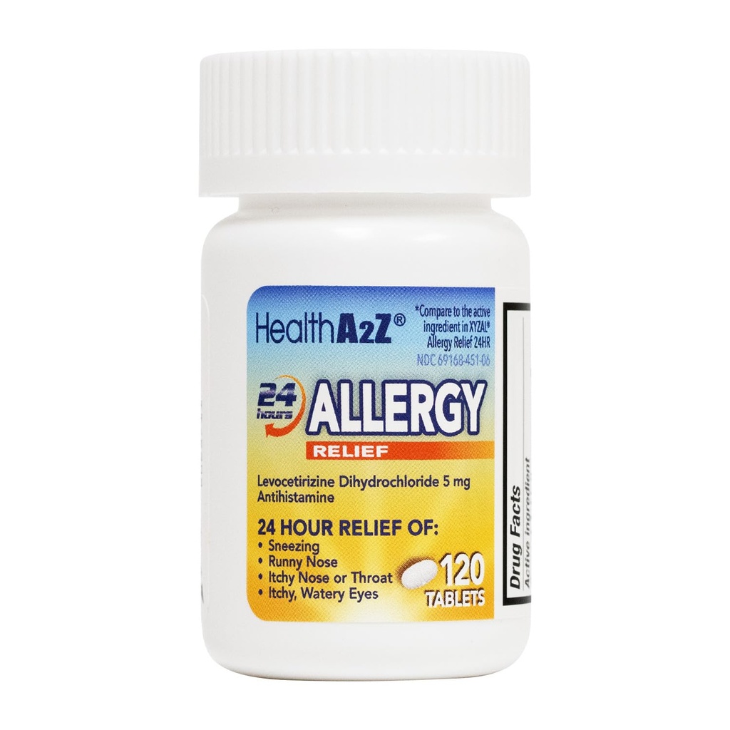 HealthA2Z® Allergi relief | Levocetirizin dihydroklorid 5 mg | 24 timer | Antihistamin | Relief fra sensing, rennende nese, kløende nese og øyne (120 teller)