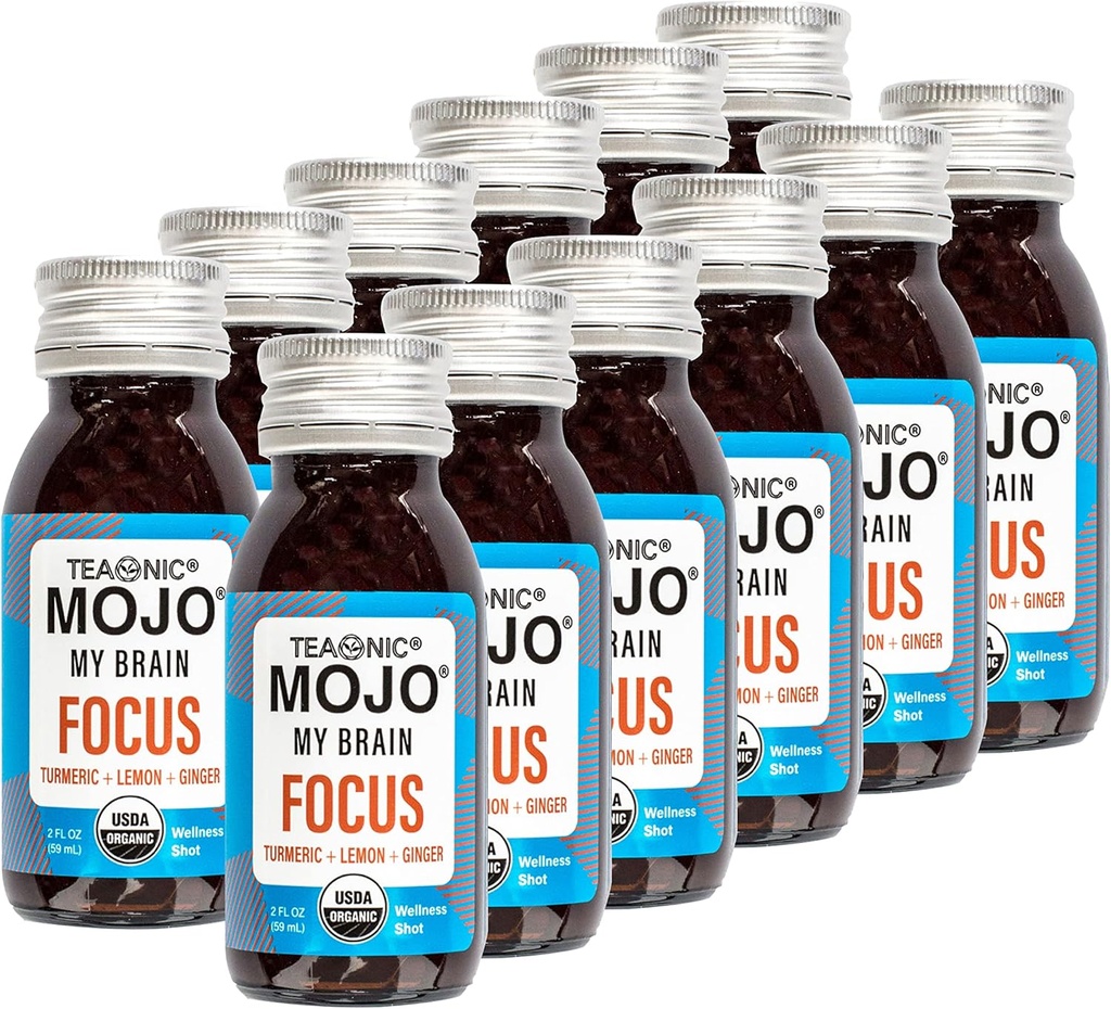 TEAONIC Min hjerne Mojo: Focus Wellness Shots - USDA-sertifisert Vegansk formel med Ginkgo Biloba, Ginger, Turmeric - 12 flasker x 2 Fl Oz Hver - Glutenfri, ikke-GMO