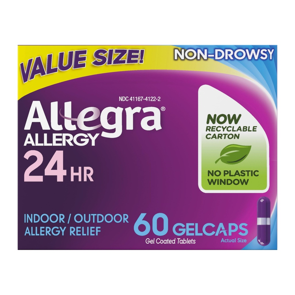 Allegra Voksen 24-timers allergi relief Gelcaps, ikke-Drowsy Innendørs og Utendørs Allergi medisin, 180 mg Fexofenadin HCI Antihistamine Pill, 60-tallet