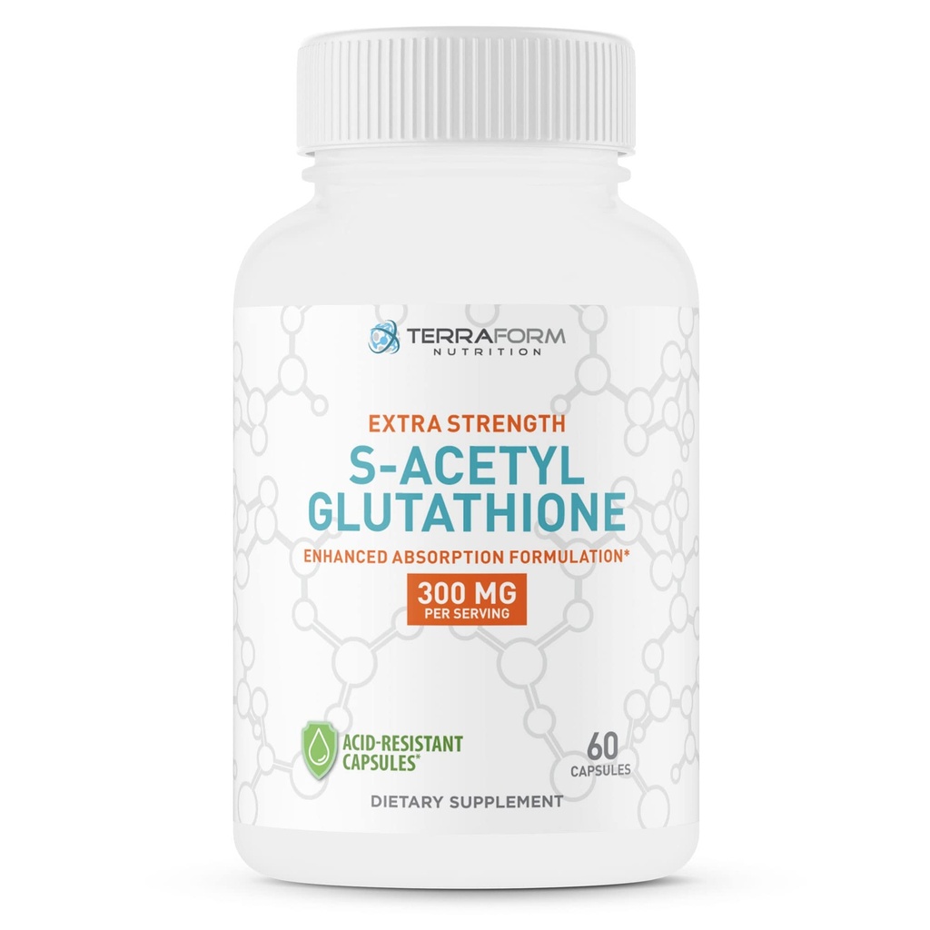 TerraForm ernæring Extra styrke S-Acetyl Glutation 300 mg – 60 syreresistante kapsler - Premium glutation Supplement - svært biotilgjengelig og stabil form SAG Supplement - laget i USA