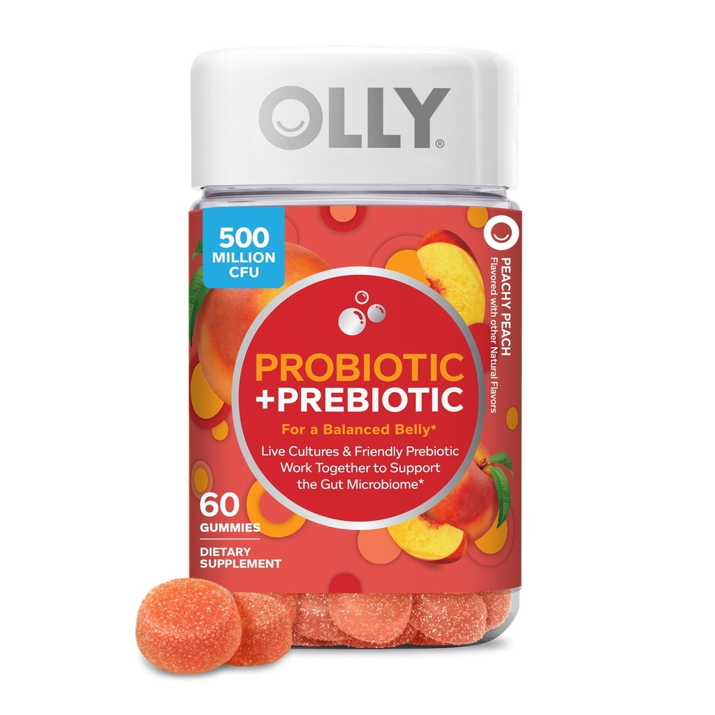 OLLY Probiotic + Prebiotic Gummy, Digestiv støtte og Gut Helse, 500 millioner CFU, Fiber, voksen Chewable Supplement for menn og kvinner, fersken, 60 dagers forsyning - 60 teller