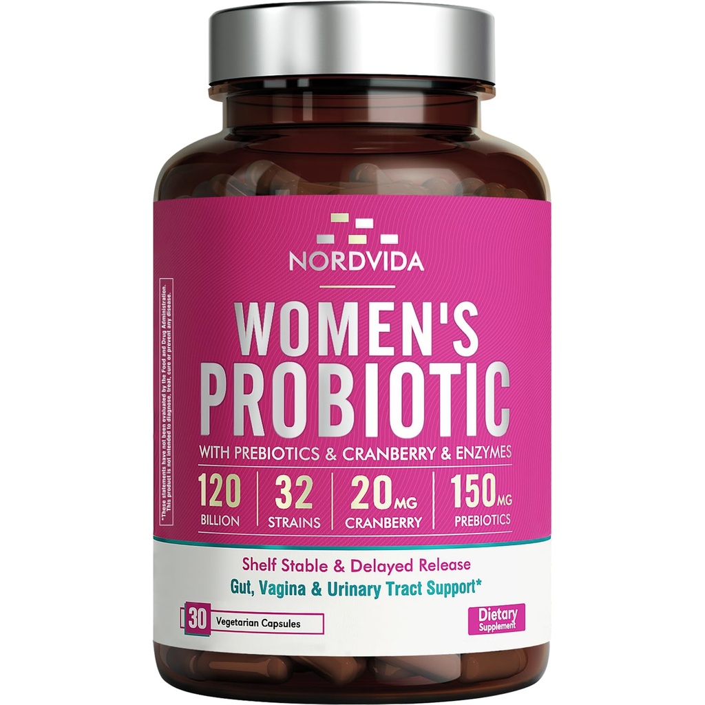 Kvinners probiotiske, 120 milliarder og 32 Strains med tranebær, prebiotika og digestive enzymer, Gut, Vaginal & Urinal Tract Support, 30 forsinket releasekapsler