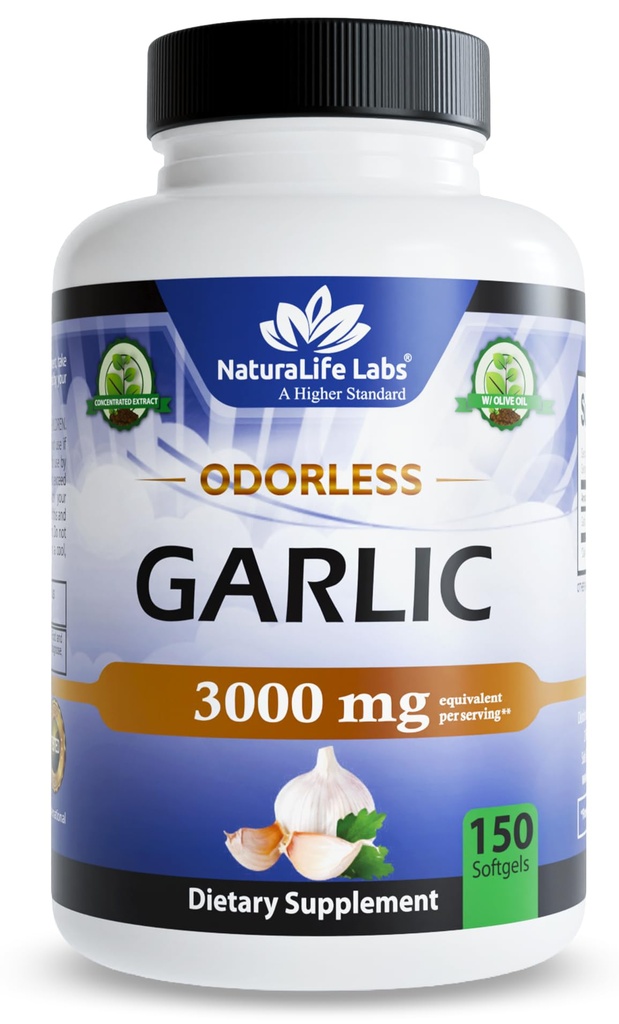 NaturaLife Labs Odorless Hvitløk – 3 000 mg Ekvivalent per servering – 150 Softgels – Konsentrert hvitløk Bulb Ekstrakt med organisk ekstra jomfru Oliveolje – Ikke-GMO, Glutenfri
