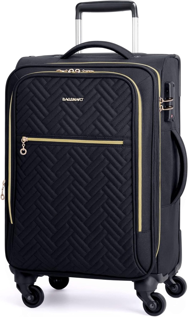 BAGSMART bære på bagasje 20 tommers,Softside utvides suit case med spinner hjul, Bagasje 22x14x9 Airline godkjent rullende lettvektsbukser for kvinner menn, kompakt bære-on (svart)