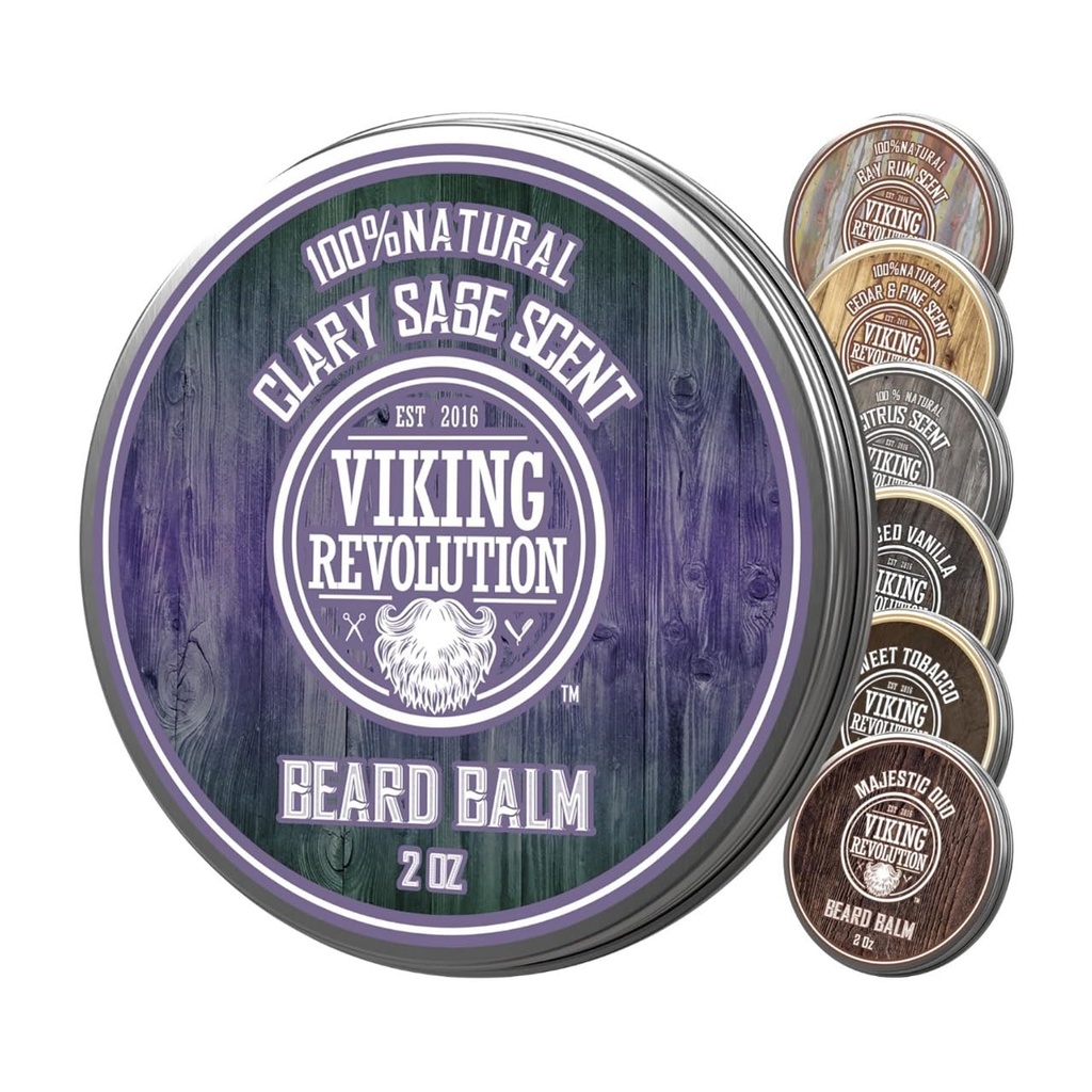 Viking revolusjon Clary Sage Beard Balm - Beard Butter med Argan Olje, Beard Softener for menn med Jojoba olje - Beard Moisturizer for menn med bivoks - Beard Wax for menn (2oz, 1 pakke)