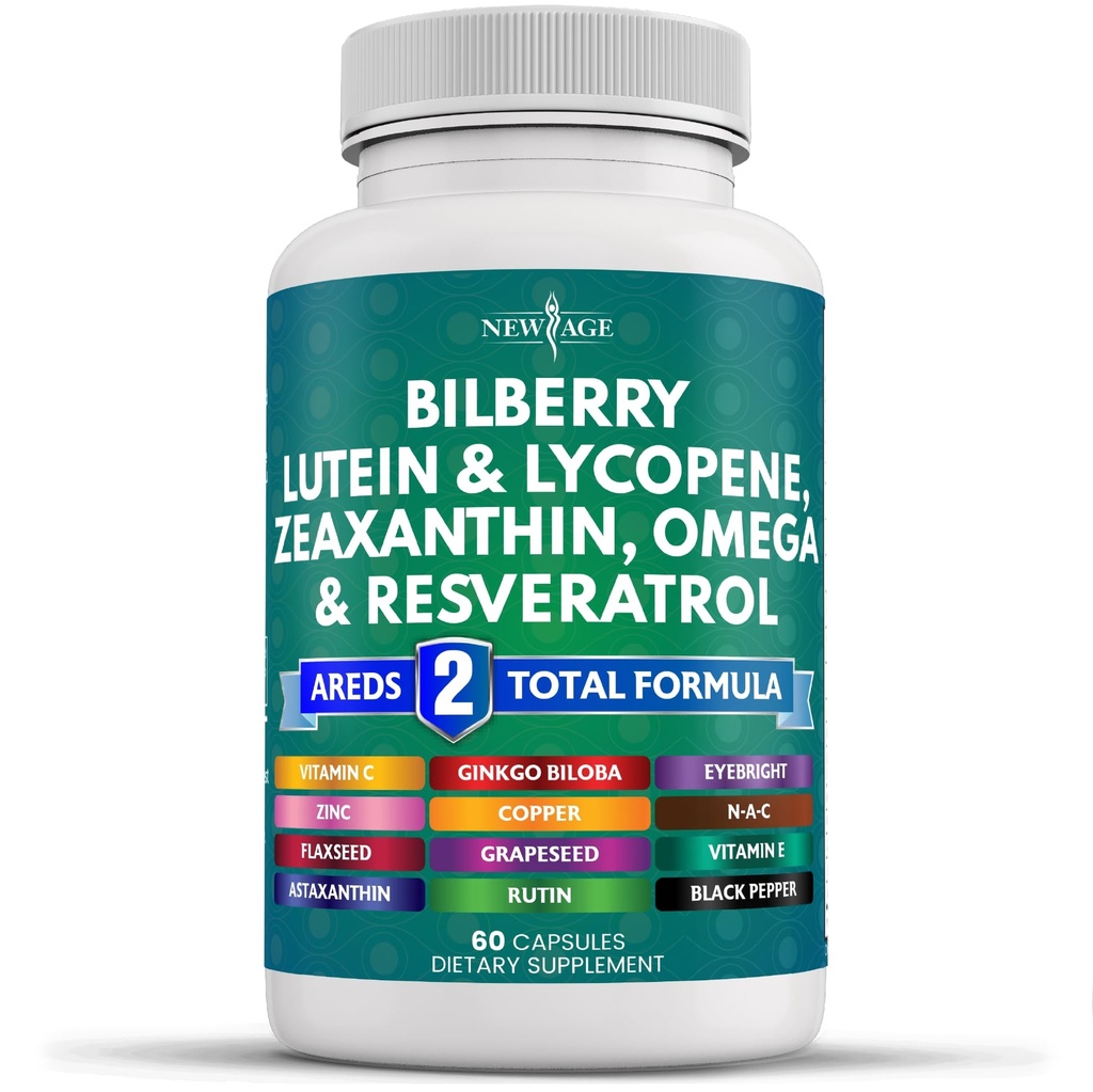 NEW AGE Eye Health Vitaminer med Bilbær Lutein & Zeaxanthin Lycopen Resveratrol Grape frø Astaxanthin - Øyevitamin - 60 greve
