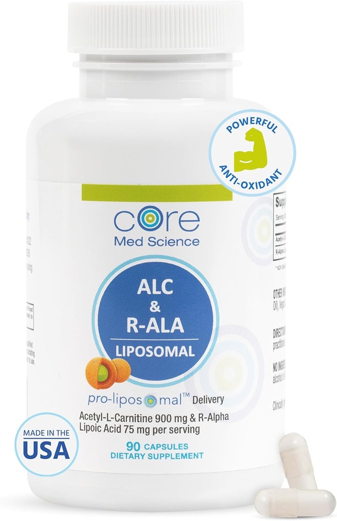 Core Med Science Liposomal ALC & R-ALA Supplement Kapsler - Acetyl-L-Carnitine (900mg) & R-Alpha Lipoic Acid (75mg) - fremmer energi og fokus - støtter mental funksjon og minne kognisjon (90 Count)