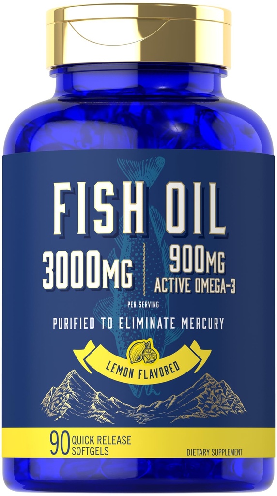 Carlyle Fish Oil 3000mg Omega 3 | 90 Softgels | Lemon Flavor | Ikke-GMO og Glutenfri Supplement