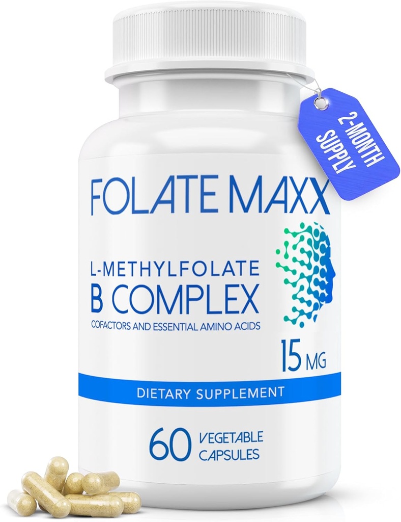 FolateMaxx L-Metylfolat + B12 Metylcobalamin & B6 blanding (15mg) - 60 kapsler - Aktiv B-kompleks med kofabrikker og essensielle aminosyrer - Ikke GMO, Glutenfri, Ingen fyllstoffer