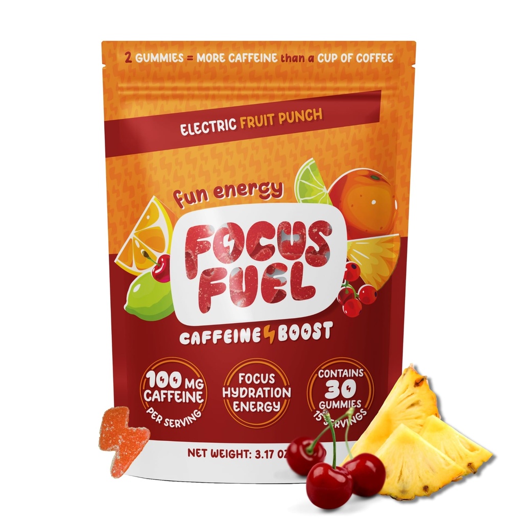 FocusFuel Energy Chews – Fruit Punch Flavor (15 serveringer) – 100mg Koffein + L-Theanine + B12, Magnesium – Økt fokus og energi – Ingen krasj eller Jitters