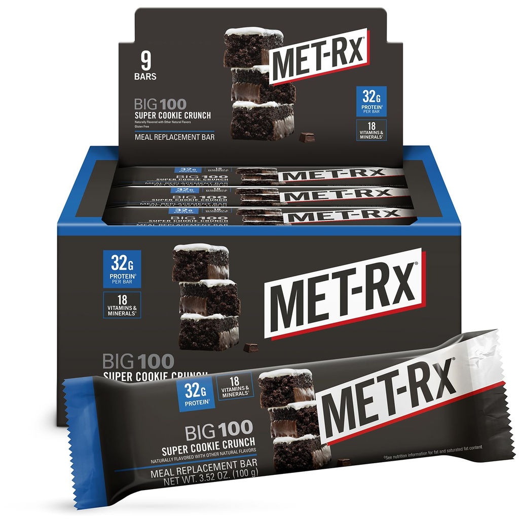 MET-Rx Stor 100 Protein Bar, Måltid erstatningsbar, 32G Protein, Super Cookie Crunch, 9 Barer (pakke med 1)