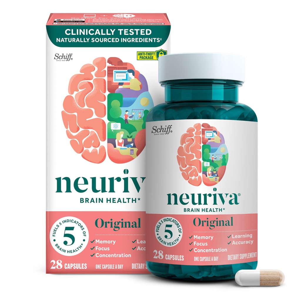 NEURIVA opprinnelige dekaffeinert klinisk testet nootropisk hjernesupplement for minne, fokus og konsentrasjon, nevrofaktor og fosfatydyderin, 28ct kapsler