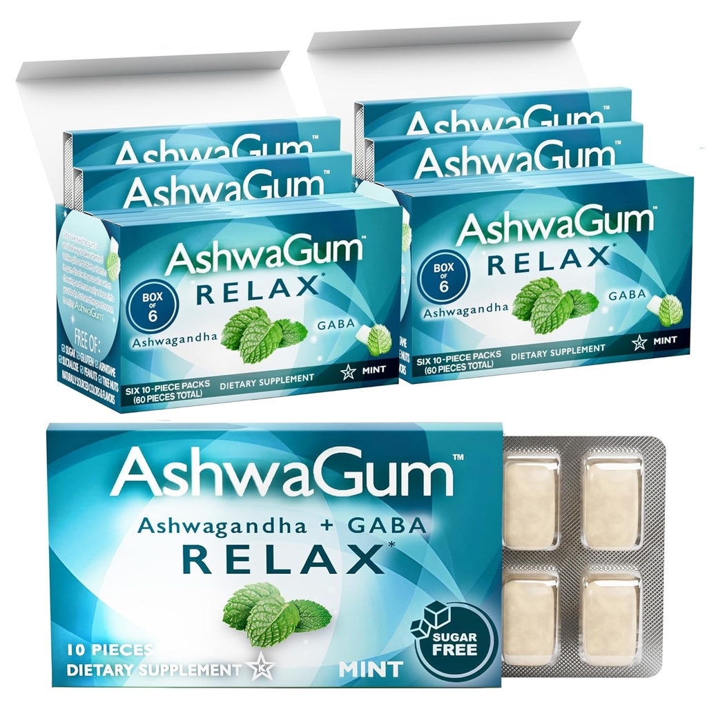 AshwaGum RELAX Gum av BetterGum, høy styrke Supplement med KSM 66 Ashwagandha og Gaba, støtter Stress og tentisjon Relief, Alternativ til Gummies, sukkerfri, pakke med 2