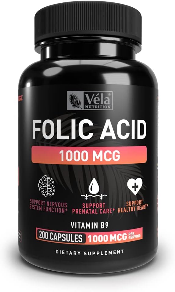 Folinsyre Supplement | 1000 mcg per servering, 200 kapsler | Støtte hjerte helse, prenatal støtte Supplement | Ikke-GMO, 3rd Party testet