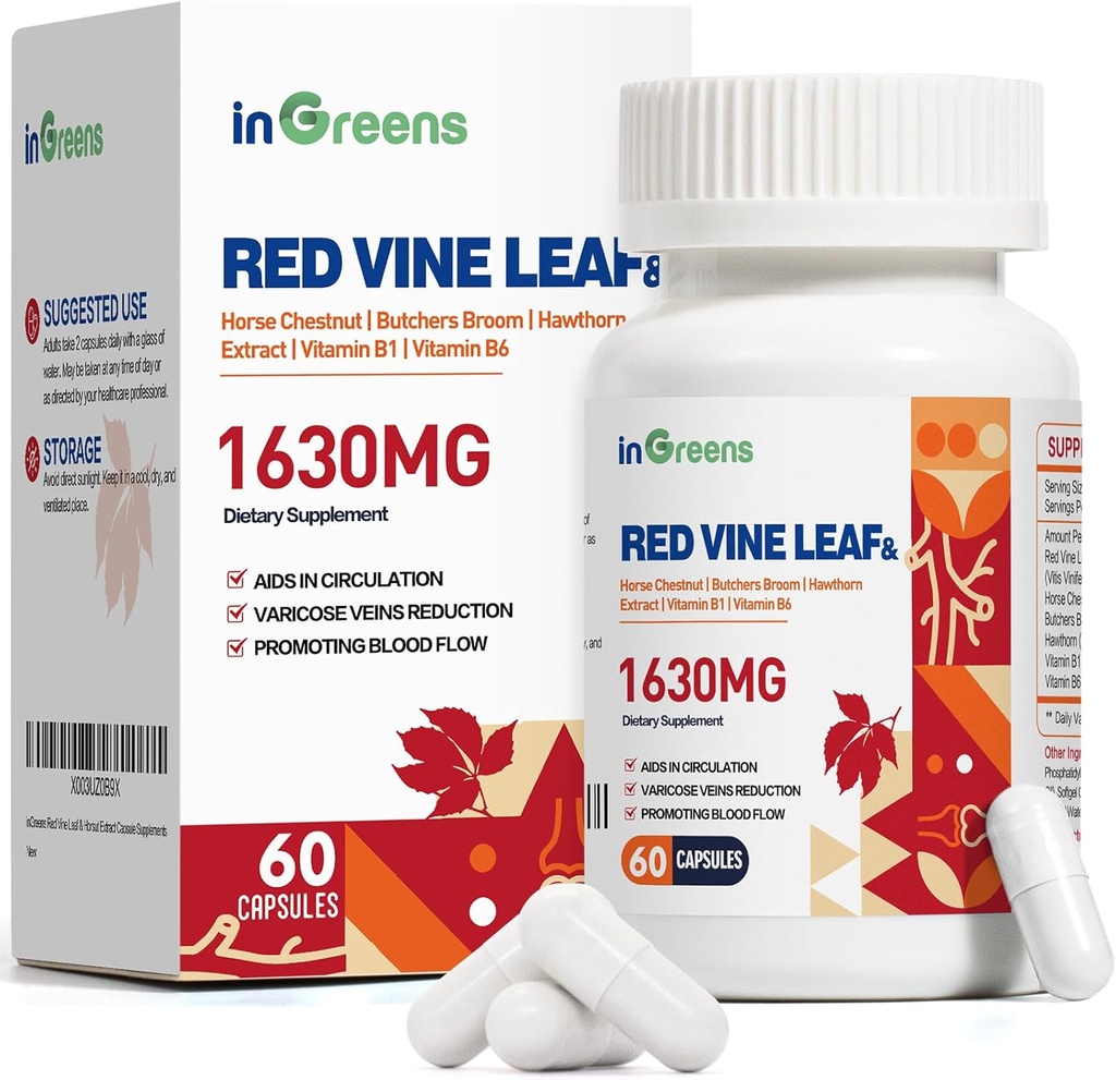 Red Vine Leaf Extract 1630mg med heste kastanje, slakters Broom, Hawthorn Supplement for varicose vener, bein, sirkulasjon, hjerte, hud, støtte for hjerte helse, laget i USA, 60 kapsler