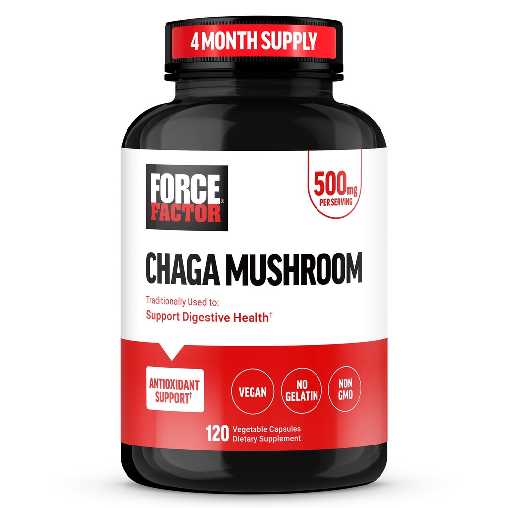 FORCE FACTOR Chaga Mushrooms Kapsler, Mushroom Supplement for å støtte Gut Helse og Digestion, laget av ekte moshrooms, Vegansk, Ikke-GMO, 120 Kapsler