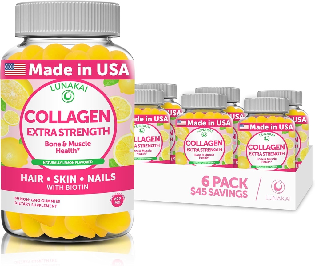 Lunakai Collagen Gummies - Tastigste proprietær formel - 200mg Hydrolysert kollagen Gummier for kvinner og menn med biotin, sink, vitamin C og E - Ikke-GMO Anti Aging Supplement for kvinner - 6 Pack