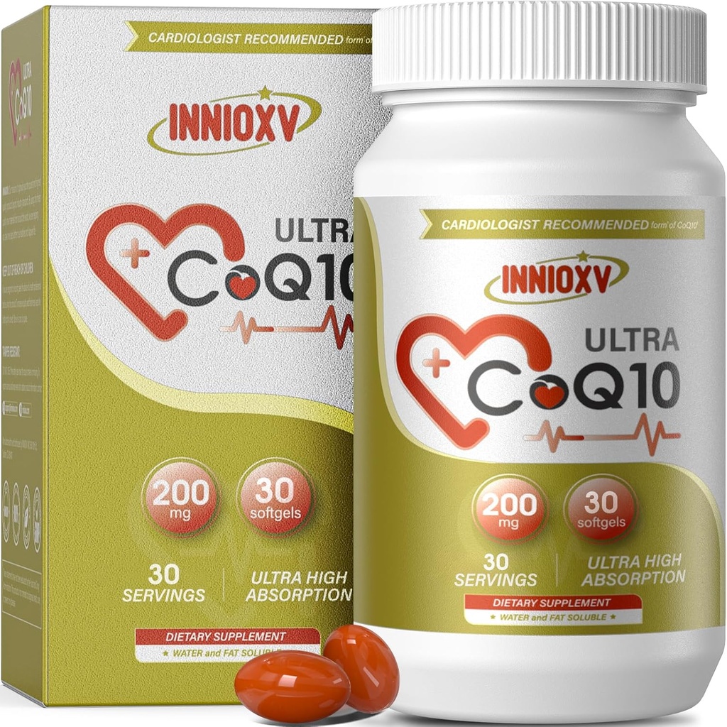 CoQ10 200mg Softgels for hjertehelse, kraftige antioksidant Supplement for vaskulær helse, energiproduksjon, høy absorpsjon CoQ10 Næringstilskudd, 30 Softgels