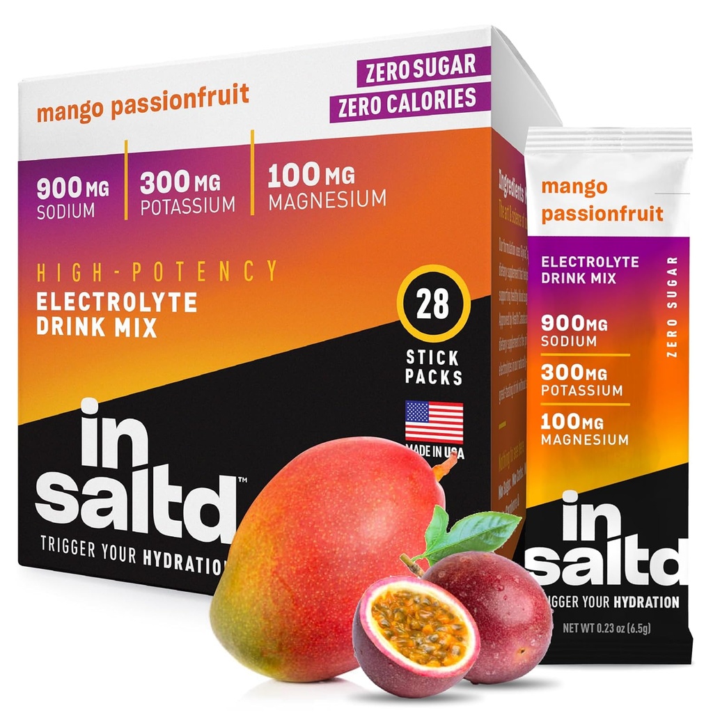 INSALTDTM Sukkerfri elektrolytter pulverpakker med ingen Stevia Aftertaste | høy potens Hydration Packets | Keto Electrolyte Drinks | Intermittent Faste Drikkemiks | 28 Pack (Mango Passion Fruit)