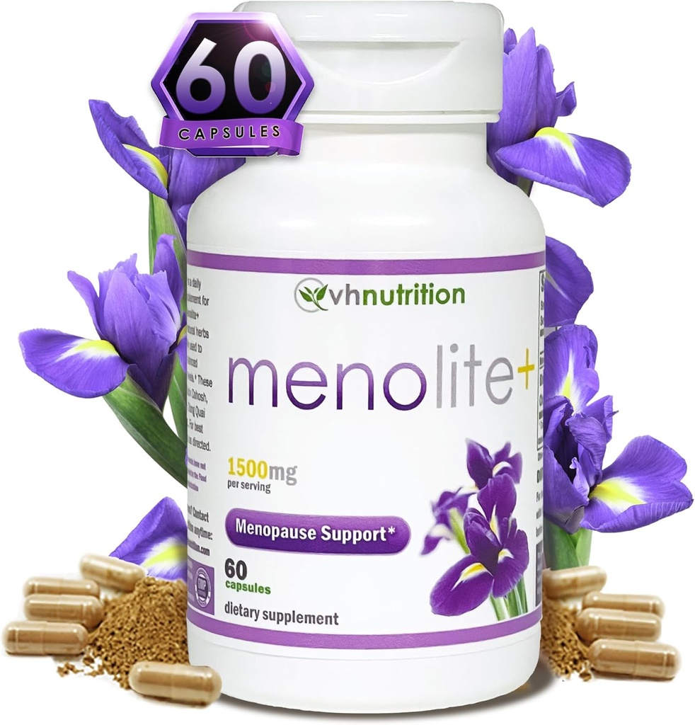 VH Ernæring MENOLITE+ | Menopause Supplement* for kvinner | Maks styrke Hormonell støtte* og Hot Flash Relief * | Naturlig formel for Menopause Symptom Relief | 60 Kapsler