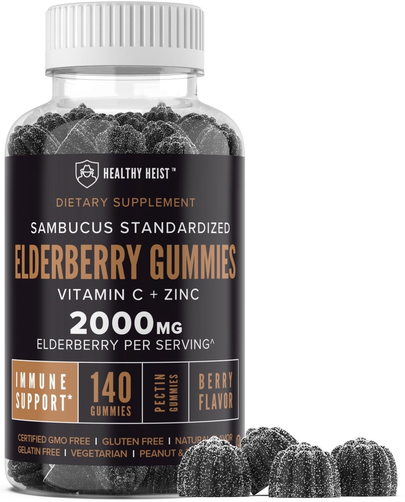 Sambucus Black Elderberry Gummies med sink og vitamin C, 140 Gummies, Chewable Immune Support for voksne og barn, ikke GMO, Kosher, Pectin, Vegan, Delicious Berry Flavor