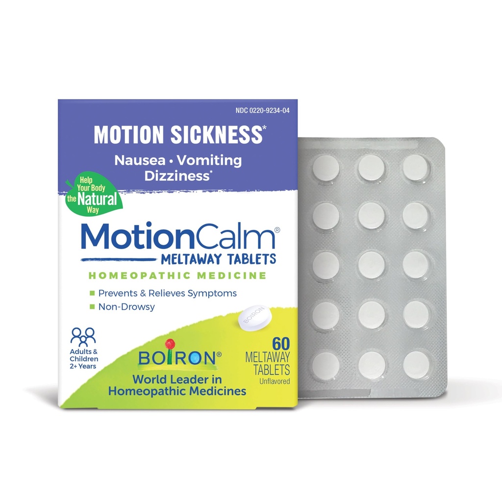 Boiron MotionCalm Relief for svimmelhet, besvimelse eller svimmelhet assosiert med bevegelsessykhet på grunn av reiser, stemningsritt og videospill eller VR - Ikke-Drowsy - 60 Count