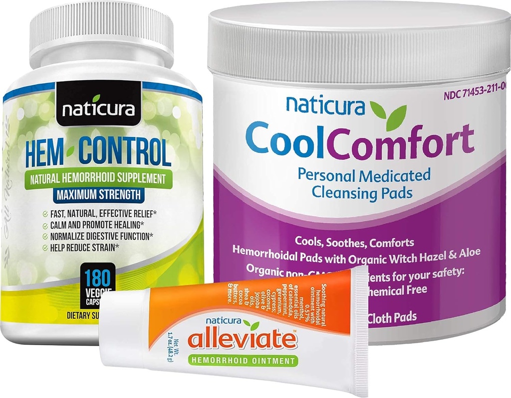 Bundle - Alleviate Natural Hemorroid Relief Ointment, Hem-Control Natural Hemorroid Supplement (180 Count), og CoolComfort Personlige rensende pader (100 Count) - All-Naturlig, raskt fungerende