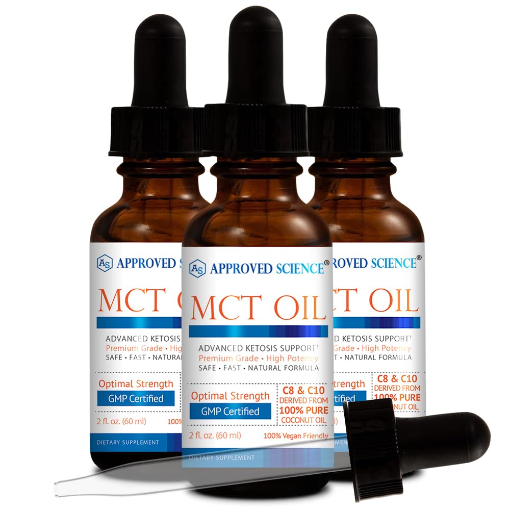 Godkjent vitenskap® MCT-olje - ren medium-chain triglycerid (MCT) olje avledet fra kokosnøtter med kaprylsyre (C8) og Capric Acid (C10) - Vegan, 60 ml - Pakke med 3