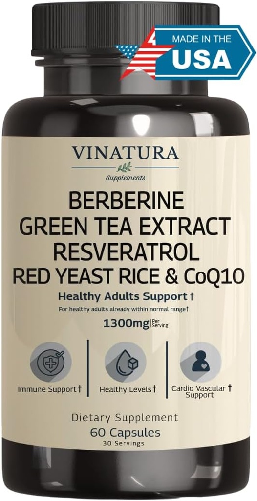 VINATURA Berberine HCL & Ceylon kanel - Rød Yest Rice & CoQ10 1300mg per servering * USA laget og testet * Sunn nivå med grønn te ekstrakt, Resveratrol, Magnesium, Glycinat, Chromium Picolinat