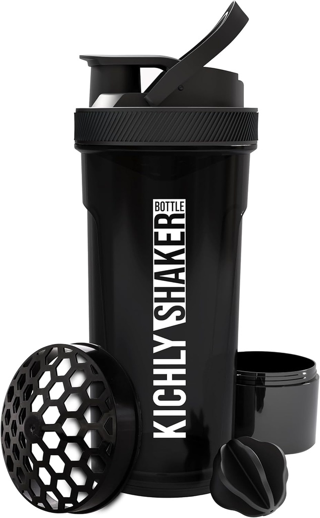KICHLY Shaker Bottle 1 Pack - 24 Ounce Plastprotein Shaker Flaske for Pre & Post trening med Twist & Lock Protein Box Oppbevaring (svart)