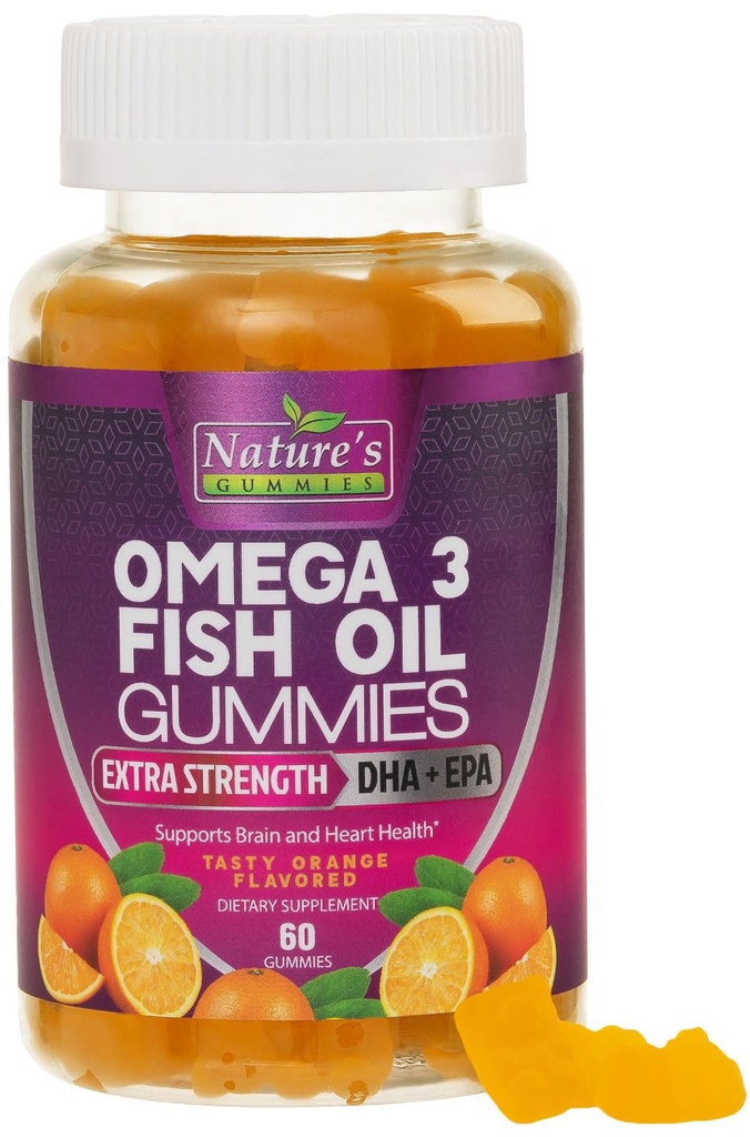 Omega 3 Fish Oil Gummies, hjerte sunn Omega 3 Gummy Supplement med høy absorpsjon DHA & EPA, Extra styrke felles og hjerne støtte, Delicious Orange Flavor Fish Oil Nature vitamin - 60 Gummies