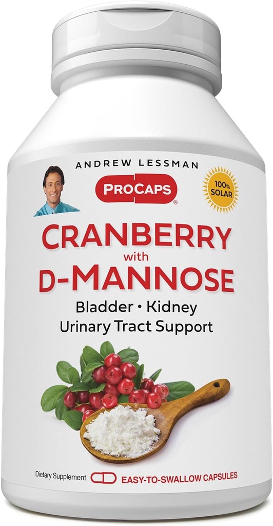 ANDREW LESSMAN Tranberry med D-Mannose - 30 kapsler - støtter Bladder, nyre og urinveistrakt helse. Høy styrke Standardisert Cranberry Koncentrate og D-Mannose. Lett å svelge kapsler