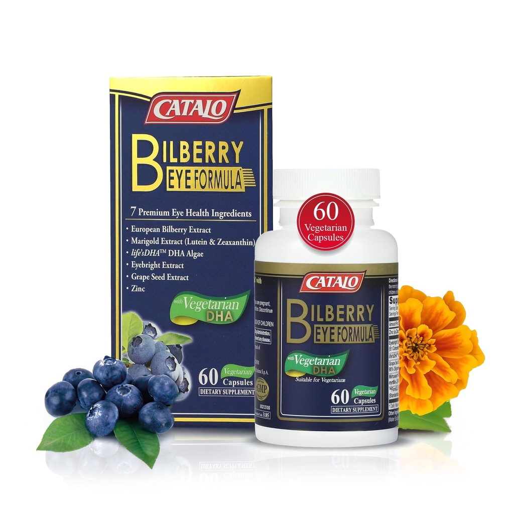 CATALO Bilberry Eye Formula med vegetarisk DHA - Øyepleie Supplement med Mirtoselect Bilberry Extract, DHA fra Algae, Lutein, Zeaxanthin, Grape Seed Extract, og Sink - 60 Vegetariske kapsler