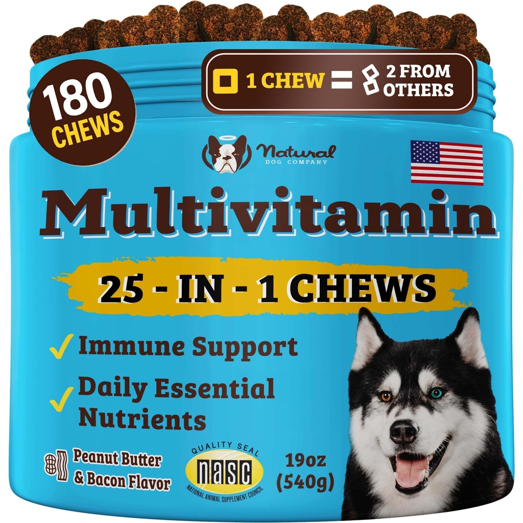 Naturlig hundeselskap 25-i-1 Multivitamin Chews for hunder – 180 Count Value Pack – Daglig myk hundevitaminer med antioksidanter, sink & folsyre – støtter ledd, hud og koke, immun og hjerte helse