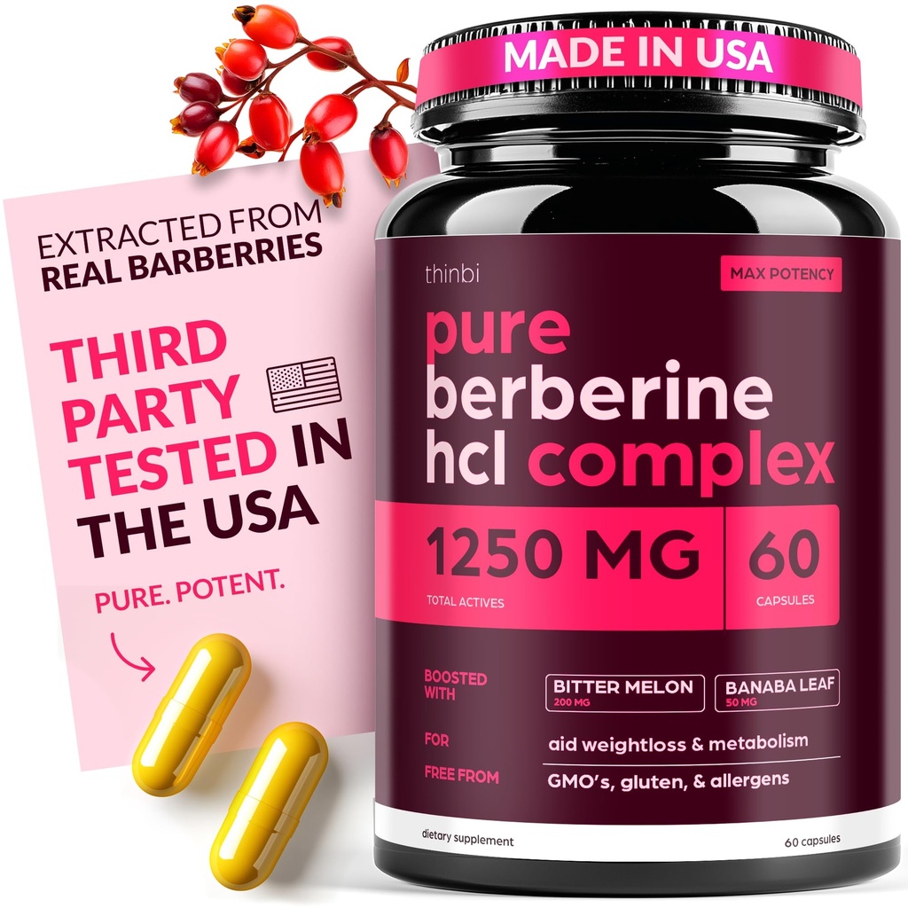Berberin Supplement 1250mg Potent Botaniske kapsler for vektkontroll med Bitter Melon og Banaba Leaf - HCl fra Barberry Extract- 30 serveringer