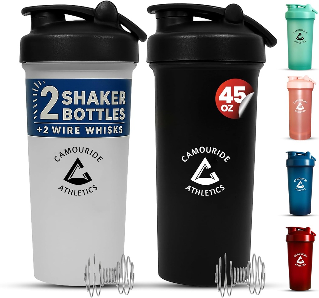 2 Pack 45 oz Protein Shaker Flasker med Wire Whisk – BPA-fri, Leak-Proof Shaker Cups for Protein Shakes & Smoothies – Stor plastblanderflaske – Klassisk Hvit og Midnight Black