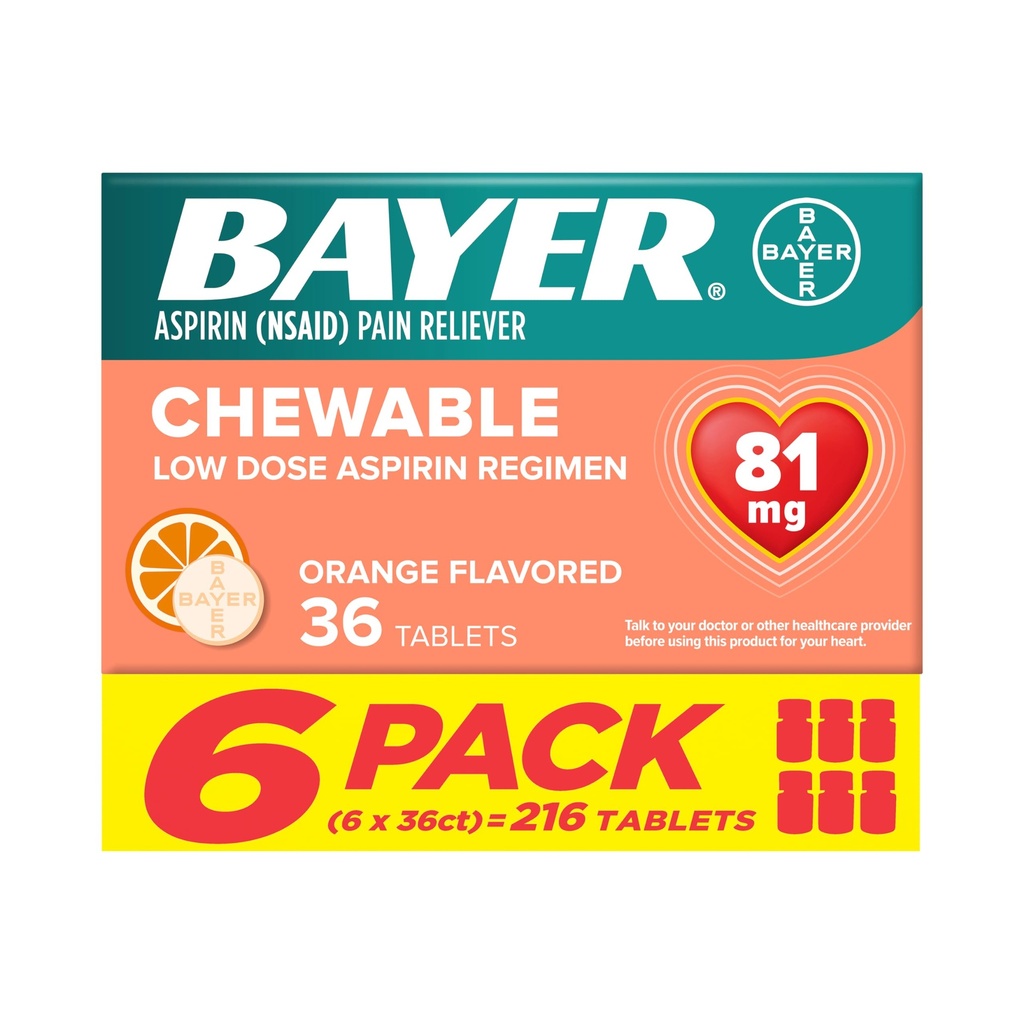 Bayer Aspirin Lav dose 81 mg Chewable tabletter, smertefri, oransje flate, 216 tabletter (6 pakke)