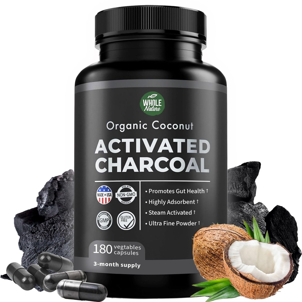 Pure Coconut Aktivert Charcoal Capsules - 180 Charcoal piller, hjelper med tannbleking, bloating og kroppen rengjøring. Ikke-GMO - Glutenfri, Vegansk