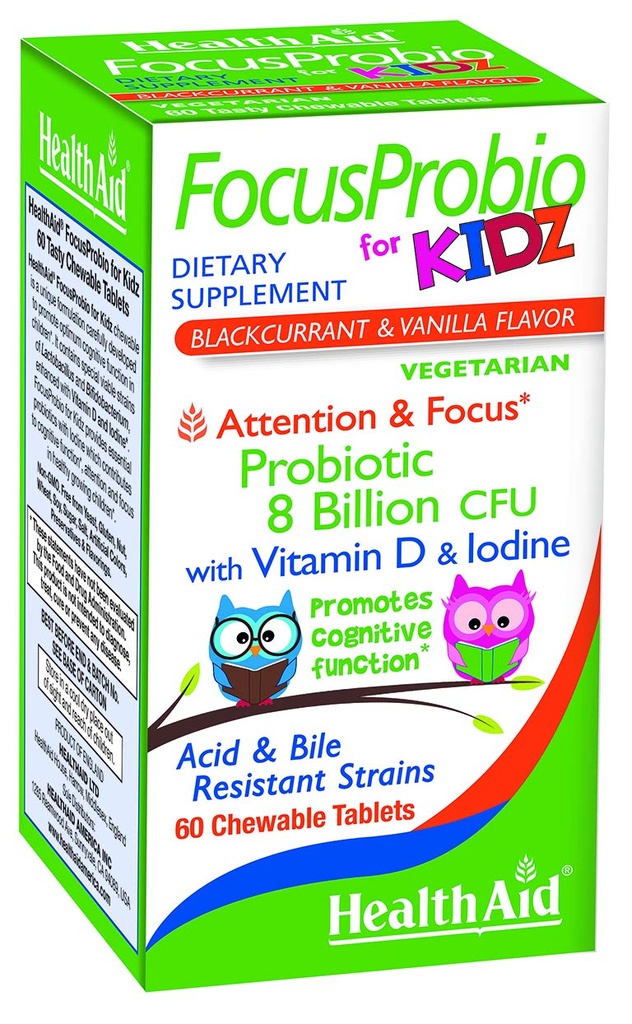 FokusProbio for Kidz, 60 Chewable Tabletter, støtter kognitiv funksjon for oppmerksomhet og fokus. Blackcurrant og Vanilla Flavor, inneholder vitamin D & Iodin. Acid & Bile Resistant Strains. Vegetarisk