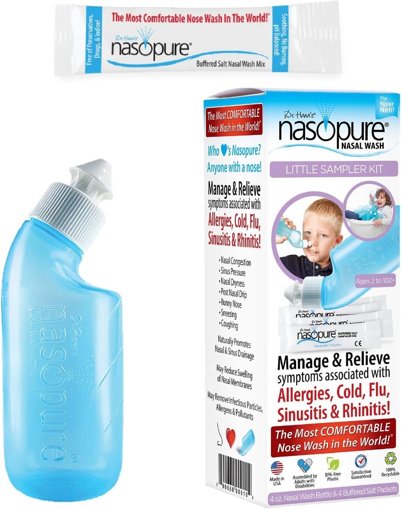 Nasopure Nasal Vaske, liten prøvesett, \"The Nicer Neti Pot\" Sinus Vaskesett, Komfortabel Nasal rens 4 Oz Flaske og 4 saltpakker (3,75 Gr Hver), Nasal Congestion, Kald, Allergi, Nasal Irrigation
