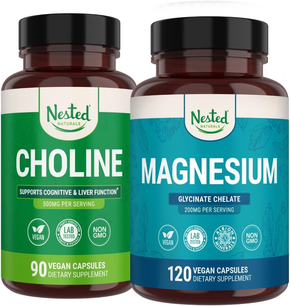 Nestet Naturals Choline Bitartrat & Magnesium Glycinate Chelate Stack | Avslapping, søvnstøtte, kognitiv ytelse (210 Antall)