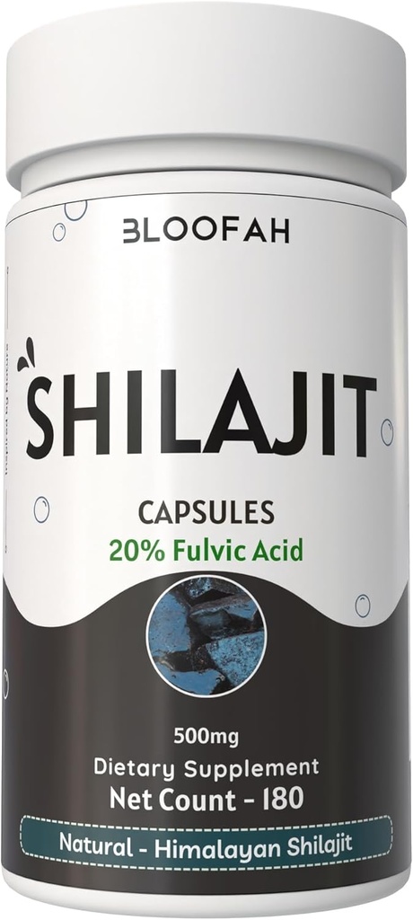 Bloofah Shilajit Kapsler 500 mg | 20% Ekstrakt Fulvic Acid | Naturlig Shilajit pulver (Asphaltum) | Ikke-GMO, Glutenfri | Premium velvære Supplement for daglig bruk (180 Count (Pack of 1))