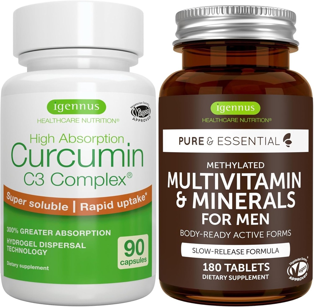 Multivitamin & Minerals for menn + høy absorpsjon Curcumin C3 Complex, Vegan Bundle, frigjøring Advanced Multivitamin + 300% større absorpsjon Curcuminoids med Rapid Uptake, av Igennus