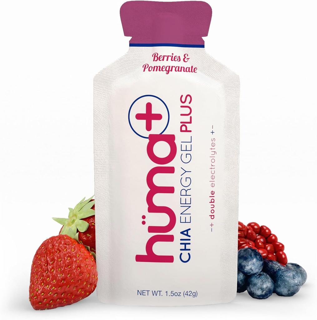Huma Plus (Dobbelt elektrolytter) - Chia Energy Gel, Berries & Pomegranate, 24 Gels - Magevennlig, Real Food Energy Gels