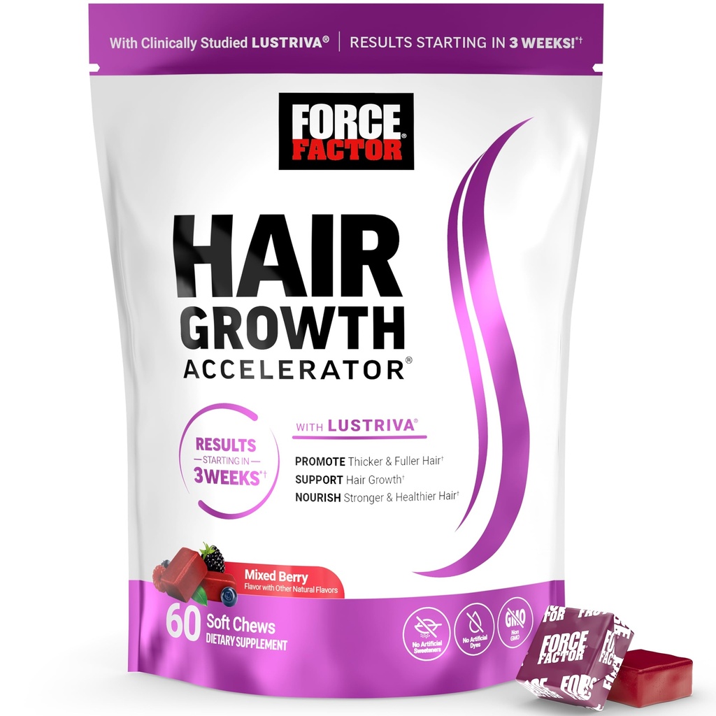 Force Factor Hair Growth Accelerator Mykt Chews, Hårvekstvitaminer for kvinner og menn med klinisk studert Lustriva og Biotin, fremmer tykkere, Fullere, Sterkere hår, Blandet Berry, 60 Myke Chews