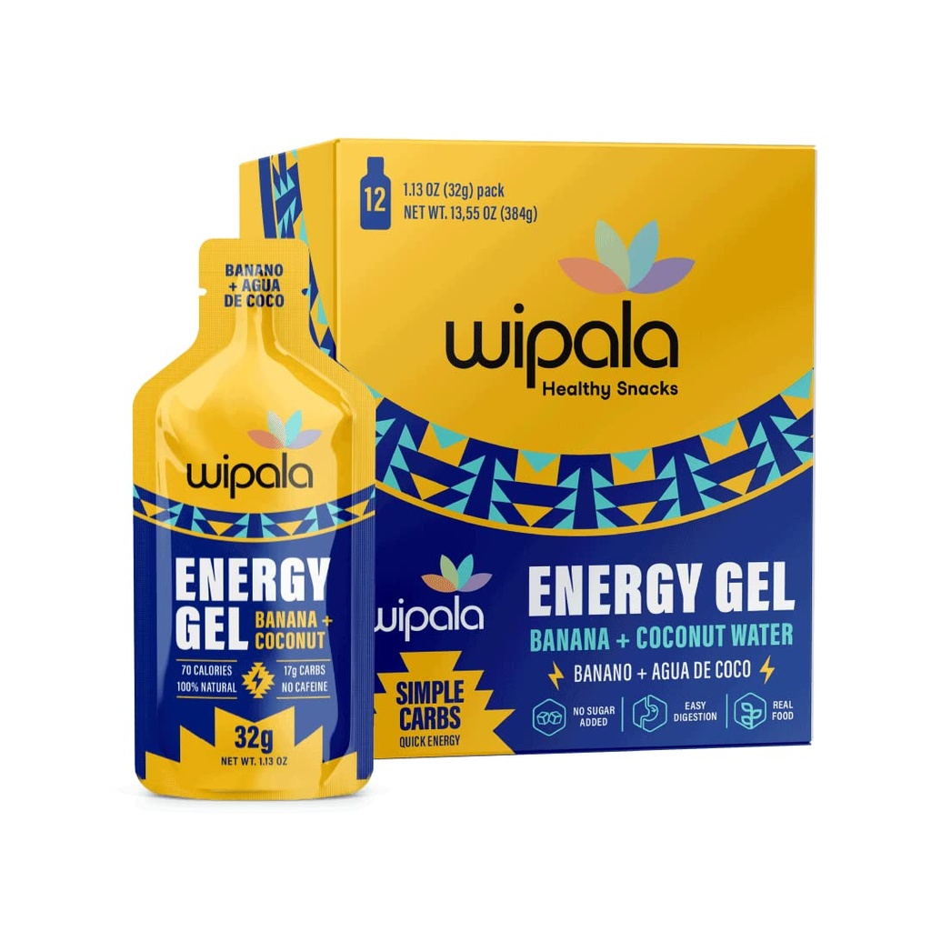 Wipala Energy Gel, Banan Coconut, 12 Pack - Kaffe gratis, sertifisert vegansk, ikke GMO - Ren energi for utholdenhetsøvelse, løping og ytelse