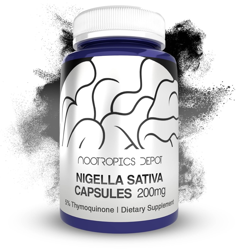 Nootropics Depot Nigella Sativa Extract Capsules | 200 mg | 60 greve | Minimum 5% Tymoquinon innhold | Black Seed Oil Extract | støtter minne, lever, hjerne og immunfunksjon